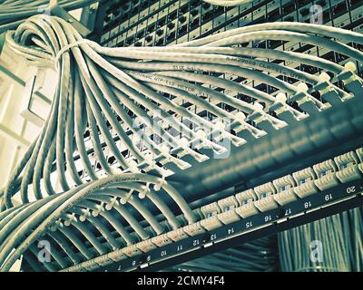 kind of wiring closet patch panels with 6-th category in the background Stock Photo