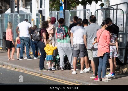 17th September 2020. Queues of people outside a walk-in Covid-19 testing centre Edmonton, North London. The UK government is considering rationing Coronavirus tests for the general public has seen an increased demand for Covid-19 tests  in recent days and a rise of over 3,500 daily.  Photo by Ray Tang/Ray Tang Media Stock Photo
