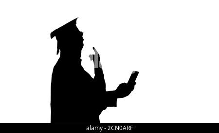 Silhouette Graduate student taking selfie with different gesture Stock Photo