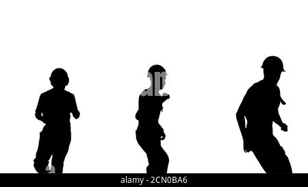 Silhouette Three male construction workers in hard hats dancing Stock Photo