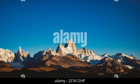 View of jagged Mount Fitz Roy in Patagonia morning light. Stock Photo
