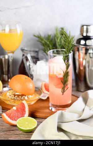 Pink Paloma cocktail with grapefruit juice, tequila and rosemary Stock Photo