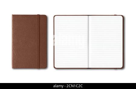 Dark leather closed and open lined notebooks isolated on white Stock Photo