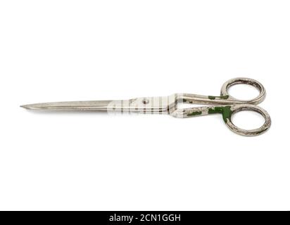 very old vintage metal tailor scissors isolated on a white background Stock Photo