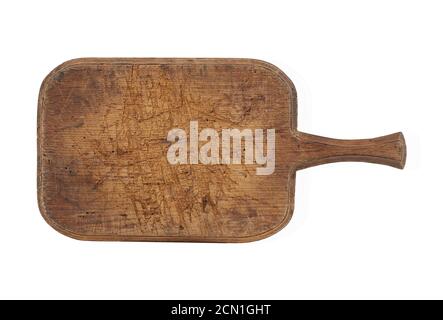 very old brown rectangular wooden kitchen cutting board with handle Stock Photo
