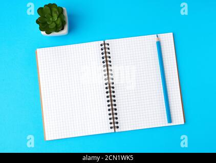open notebook in a cage with white blank sheet and a blue wooden pencil Stock Photo