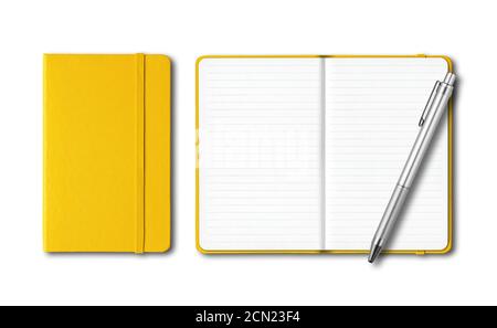 Yellow closed and open notebooks with a pen isolated on white Stock Photo