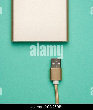 golden power bank and cord with a usb connector for recharging mobile devices on a green background Stock Photo