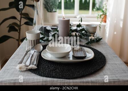 dinner table set up for a romantic meal for two Stock Photo