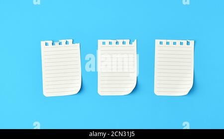 empty white sheets in a line torn out of notepad on a blue background Stock Photo