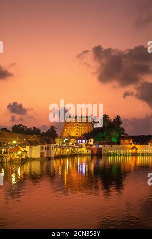 Evening view of padmanabha swamy Temple, Thiruvananthapuram. The temple is built in an intricate fusion of the Chera style and the Dravidian style. Stock Photo