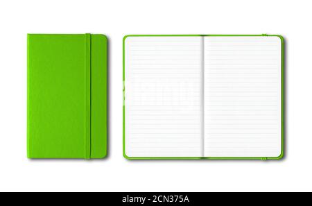 Green closed and open lined notebooks isolated on white Stock Photo