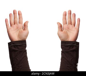 female hand is raised up with an open palm, part of the body is isolated on a white background Stock Photo
