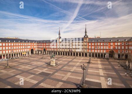 Madrid Spain, aerial view city skyline at Plaza Mayor empty nobody Stock Photo