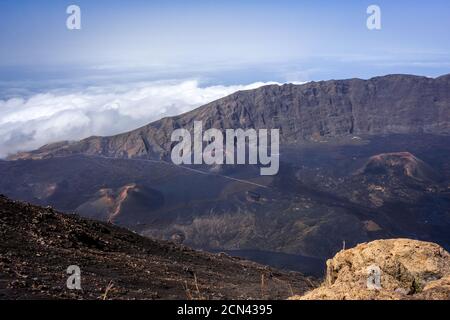 Cha das Caldeiras over the clouds view from Pico do Fogo in Cape Verde Stock Photo