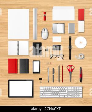 Office supplies mockup template, wooden background Stock Photo