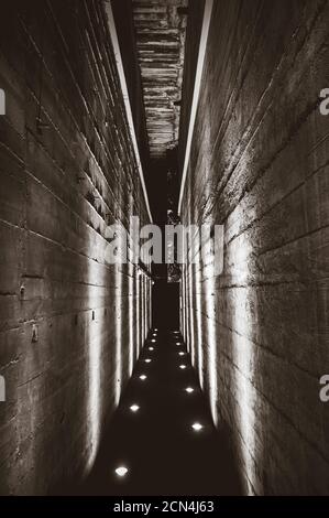 Dark tunnel in a bunker. Black and white photography Stock Photo