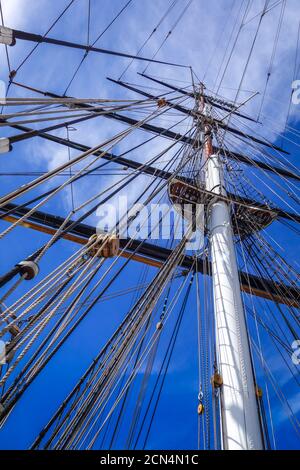 Old ship mast and sail ropes closeup Stock Photo