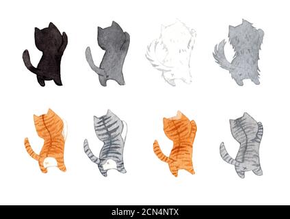 Set of cute cats in the same pose. Watercolor hand painting illustration on a white background. Design for decoration in pet artwork advertising. Stock Photo