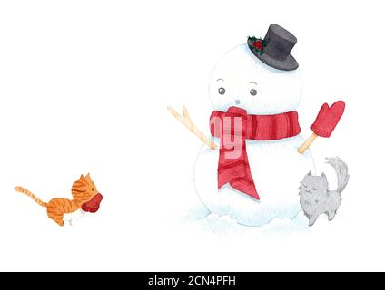 Cute christmas snowman wearing hat and scarf and cat on white background. watercolor illustrations. Painting for decoration in winter advertising. Stock Photo
