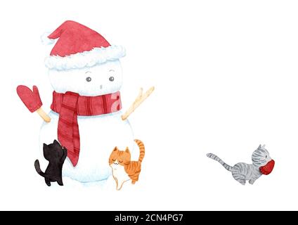 Cute christmas snowman wearing hat and scarf and cat on white background. watercolor illustrations. Painting for decoration in winter advertising. Stock Photo