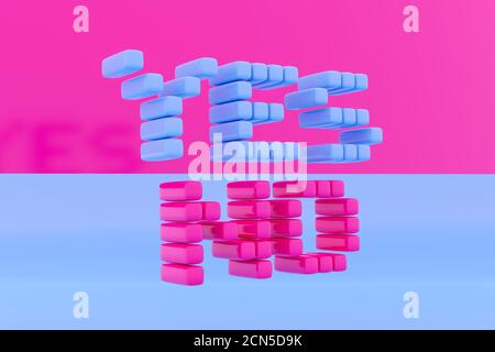 Inscription YES and NO made from pink and blue cubes on a monochrome isolated background. The concept of choice, uncertainty Stock Photo