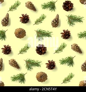 seamless christmas pattern from Pine cones on yellow background. modern pine cone christmas collage. Print for paper, fabric, wallpaper pinecones Stock Photo