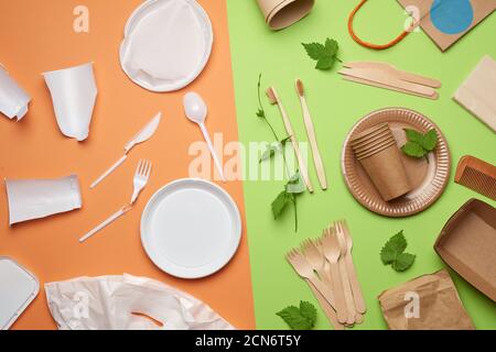 non-degradable plastic waste from disposable tableware and a set of dishes from environmental recycl Stock Photo