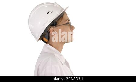 Female scientist walking on white background. Stock Photo