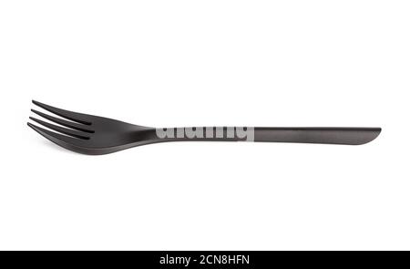 disposable black plastic fork isolated on white background Stock Photo