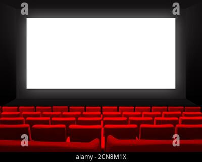 Cinema movie theatre with red seats and a blank white screen Stock Photo