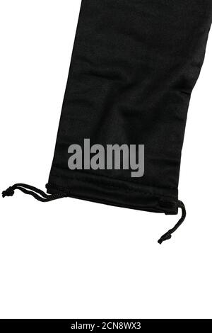 black small bag for change with lace. fabric bag with ties isolated on white Stock Photo
