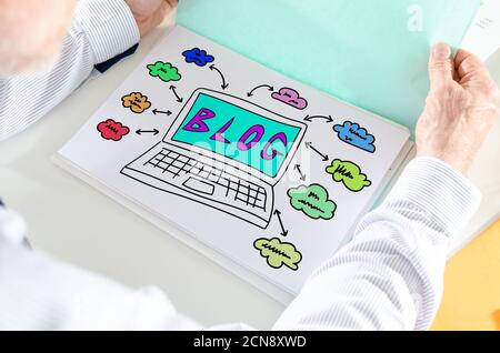 Man holding a file with blog concept Stock Photo