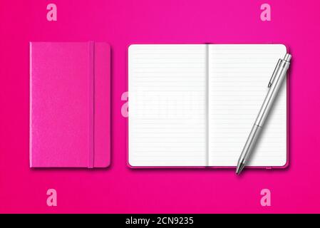 Pink closed and open notebooks with a pen isolated on colorful background Stock Photo
