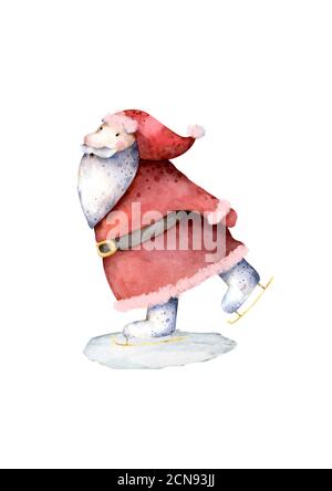 Skating Santa Claus. Hand drawn watercolor winter christmas set islated illustration Stock Photo
