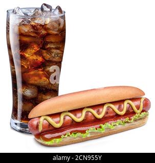 Hot dog - grilled sausage in a bun with glass of cola isolated on white background. Stock Photo