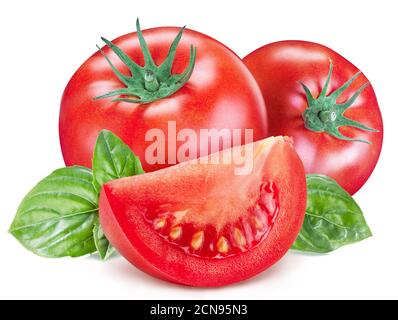 Tomatoes with basil leaves and tomato slices isolated on a white background. Clipping path. Stock Photo