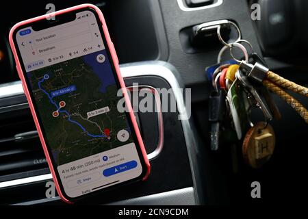 A map on Reuters photographer Hannah McKay's phone, shows directions to her home in London as she drives back from the Lancashire Women and Newborn Centre, during the coronavirus disease (COVID-19) outbreak, in Burnley, East Lancashire, Britain, May 15, 2020. McKay had the opportunity to travel north to cover medical workers in the cities of Blackburn and Burnley. REUTERS/Hannah McKay     SEARCH 'COVID-19 BIRTH UK' FOR THIS STORY. SEARCH 'WIDER IMAGE' FOR ALL STORIES.