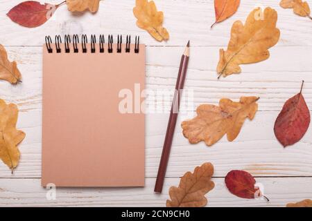 Autumn leaves, notebook and pencils on a white wooden background. Flat lay, top view, copy space. Stock Photo