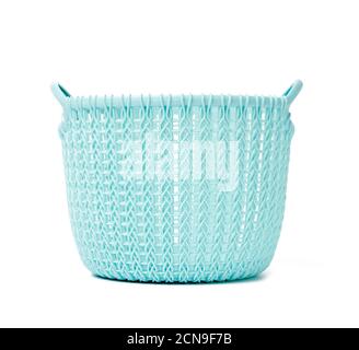 round blue laundry basket at home isolated on white background Stock Photo