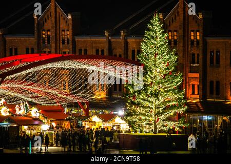 Red brick warehouse and the Christmas tree Stock Photo