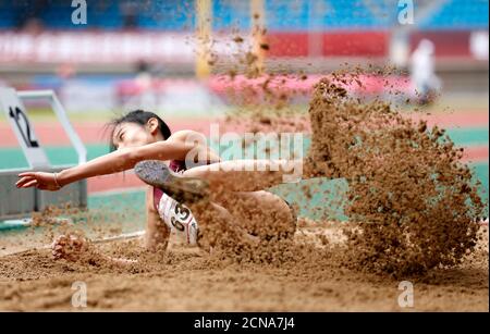 Shaoxing, China's Zhejiang Province. 18th Sep, 2020. Li Ying competes during Women's Triple Jump Final on Day 4 of the 2020 Chinese National Athletics Championships in Shaoxing, east China's Zhejiang Province, Sept. 18, 2020. Credit: Wang Lili/Xinhua/Alamy Live News Stock Photo