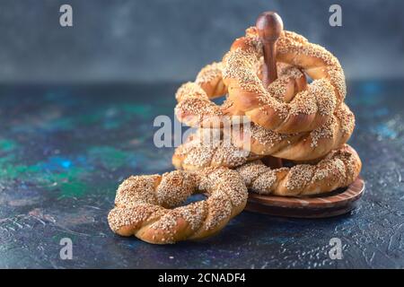 Traditional bagels with sesame seeds. Stock Photo