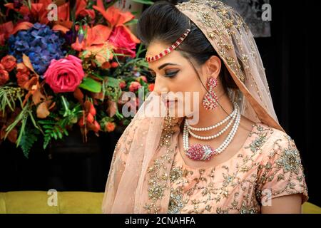 Model bride in Asian wedding dress bridal veil and jewellery at National Asian Wedding Show, London Stock Photo