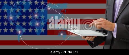 Man with tablet online usa Stock Photo