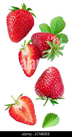 Strawberry with strawberries leaves and slices isolated on a white background. Berries are flying in the air. Clipping path. Stock Photo