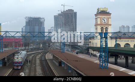 Kyiv, Ukraine, February 25, 2020. Train near the platform of the Kiev suburban railway station. Kiev railway station. Stock Photo