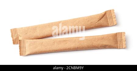 Two Sugar Stick. Sugar in paper kraft packaging. Mock up for design isolated on white background Stock Photo