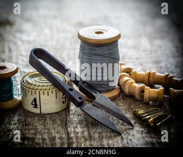 seamstress tape, thimble for sewing Stock Photo