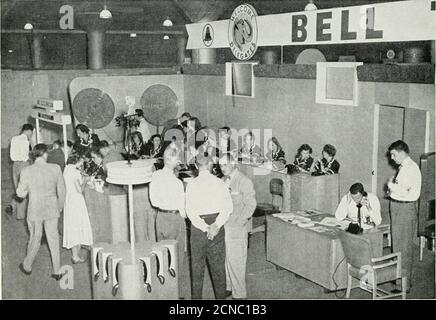 . Bell telephone magazine . terminatingpoints were 107 television broadcast-ing stations in 65 cities served by anation-wide network of Bell Systemtelevision facilities. In between wasa truly prodigious amount of tele-phone equipment to switch, monitor,control and transmit the televisionsignals. To bring network television within range of 99 percent of the nationsTV sets, Long Lines rushed to com-pletion an additional 5,000 miles ofmicrowave and coaxial cable chan-nels, bringing the total up to about30,000 miles. The new cities whichjoined the conventions TV audiencewere Miami, New Orleans, Da Stock Photo